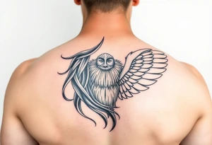 Male with long hair and beard flowing in the wing with smile on face tattoo idea