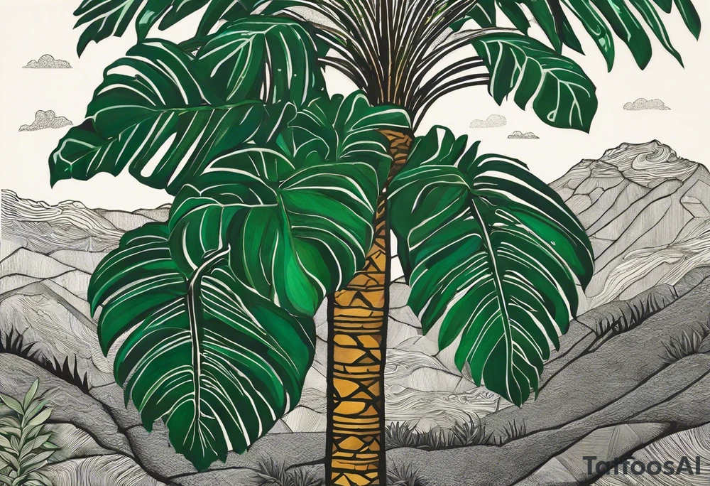 Tattoo: A striking Gachala emerald sits at the base of a tall quindio wax palm, which grows resiliently from cracks in rugged, rocky soil. The emerald is the main focal point, symbolizing strength and endurance, while the wax palm, rooted in the soil’s crevices, represents growth and resilience. A small water stream flows gently from the rocks, adding an element of life and nourishment tattoo idea