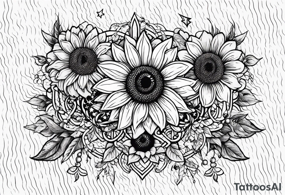 elegant tattoo design with sunflower surrounded by circle of little stars and arrow tattoo idea