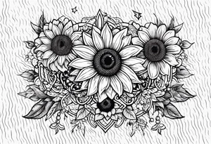 elegant tattoo design with sunflower surrounded by circle of little stars and arrow tattoo idea