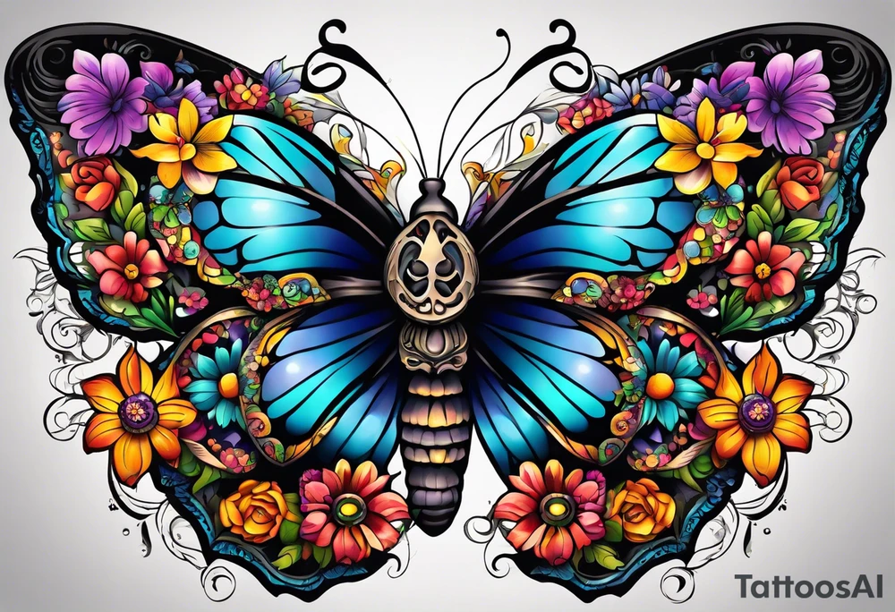butterfly with half the wings covered in colorful bright flowers, the other half normal butterfly design but looks like a skull in the wing design tattoo idea