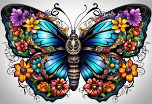 butterfly with half the wings covered in colorful bright flowers, the other half normal butterfly design but looks like a skull in the wing design tattoo idea