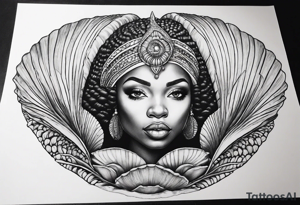 african mermaid in clam shell tattoo idea