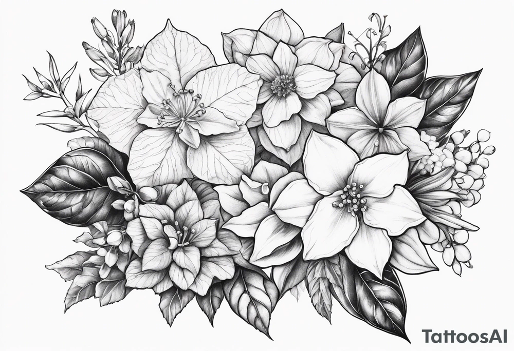 Hydrangea, Narcissus, Poinsettia, Holly, Gladiolus, Poppy, Daisy, Sweet Pea floral bouquet tattoo idea