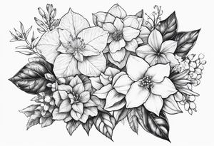 Hydrangea, Narcissus, Poinsettia, Holly, Gladiolus, Poppy, Daisy, Sweet Pea floral bouquet tattoo idea