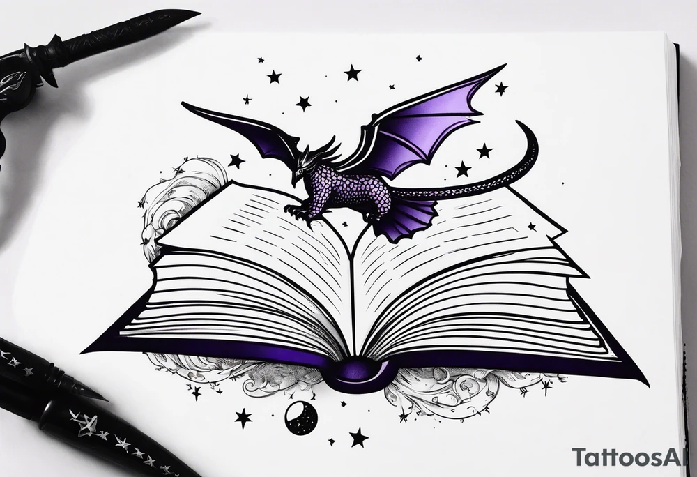 an open fantasy book. a high flying dragon. A fallen pawn piece. a cluster of lavender wrapped around a sword with a bee under book. A tiny raven. Stars and crescent moon tattoo idea