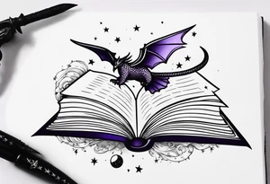 an open fantasy book. a high flying dragon. A fallen pawn piece. a cluster of lavender wrapped around a sword with a bee under book. A tiny raven. Stars and crescent moon tattoo idea