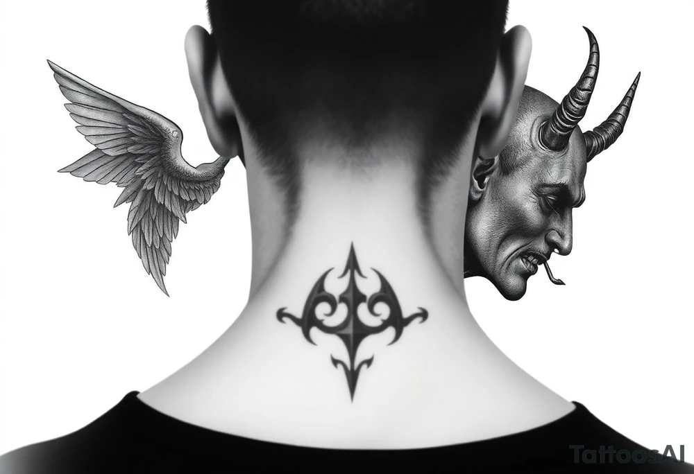 position behind the neck Angel (on the right) whispering in the right ear, demon (on the left) whispering in the left ear. It must be as realistic as possible. tattoo idea