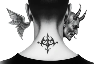 position behind the neck Angel (on the right) whispering in the right ear, demon (on the left) whispering in the left ear. It must be as realistic as possible. tattoo idea
