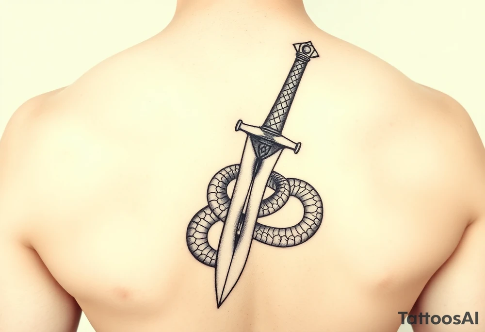 mystical snake coiled around an ancient dagger with jeweled hilt tattoo idea