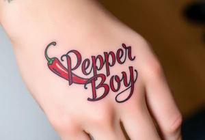 Chili pepper and fire lettering says Pepper Boy tattoo idea