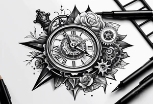 gears with clock and compass tattoo idea
