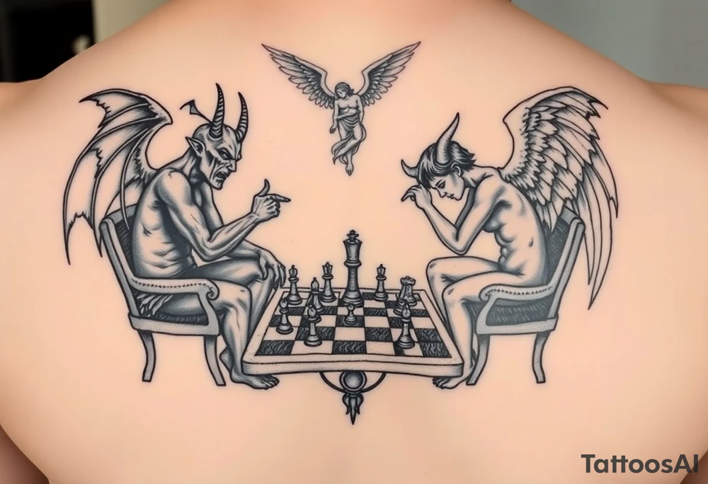 devil and angel playing chess. Make them seem like people and not animals. Sitting on chairs with an angel watching, multiple chess pieces visible on board tattoo idea