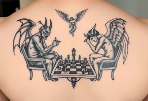 devil and angel playing chess. Make them seem like people and not animals. Sitting on chairs with an angel watching, multiple chess pieces visible on board tattoo idea