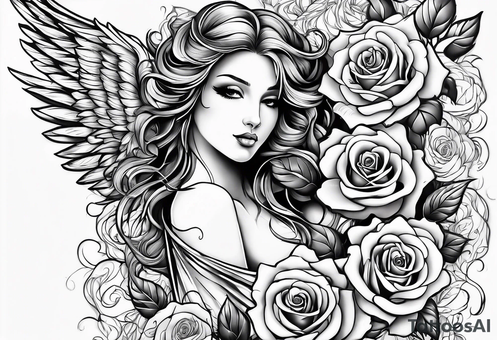 Angel, roses, name MARTINA tattoo idea