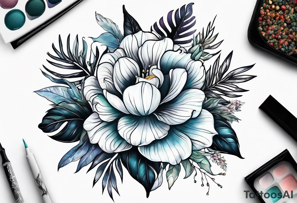 sea,, night, flower, palm, tattoo idea