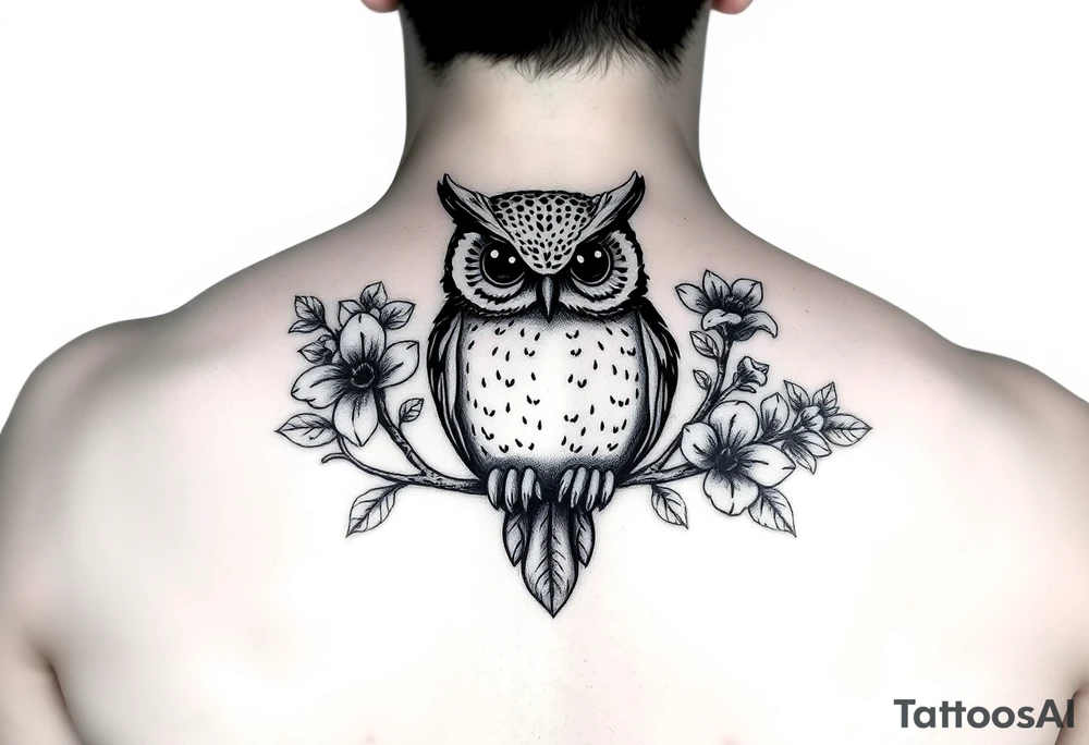 Cute owl sitting on a branch of violets tattoo idea