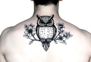 Cute owl sitting on a branch of violets tattoo idea