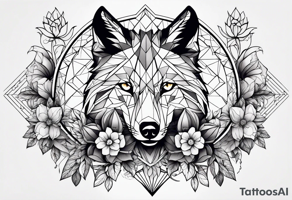 Mon tatouage serait avec des fleurs un loup des formes géométriques des ombres avec du dark tattoo idea