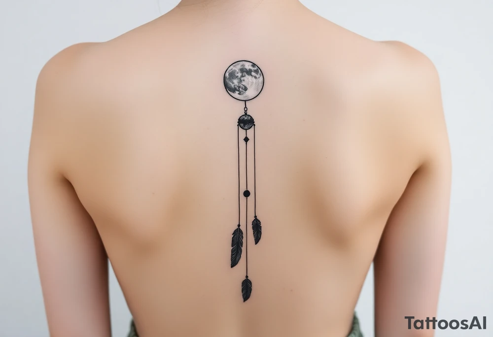 Narrow vertical memorial chain of symbols made of a moon, galaxy inspired symbols symbolizing loss, a brother and sister bond, and strength in a boho style following down the spine in with 3 vertical different lengths flowing lines made of a discreet connection of morse code ".--- .- --.     .-.. ... -.- .- .-.   -.. .. --.     .-.. .. .-.. .-.. . -... .-. --- .-. forming 3 arrow shapes connected to 3 flowing feathers hanging from the end of the morse code lines tattoo idea