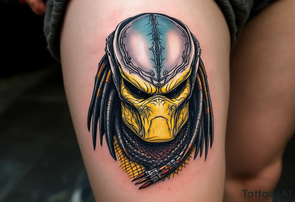 The original Yautja from Predator (1987), featuring mottled yellow-green skin, reptilian textures, netted mesh bodysuit, and battle-worn metallic armor. Its bio-mask has a smooth, silver finish with tribal etchings. tattoo idea