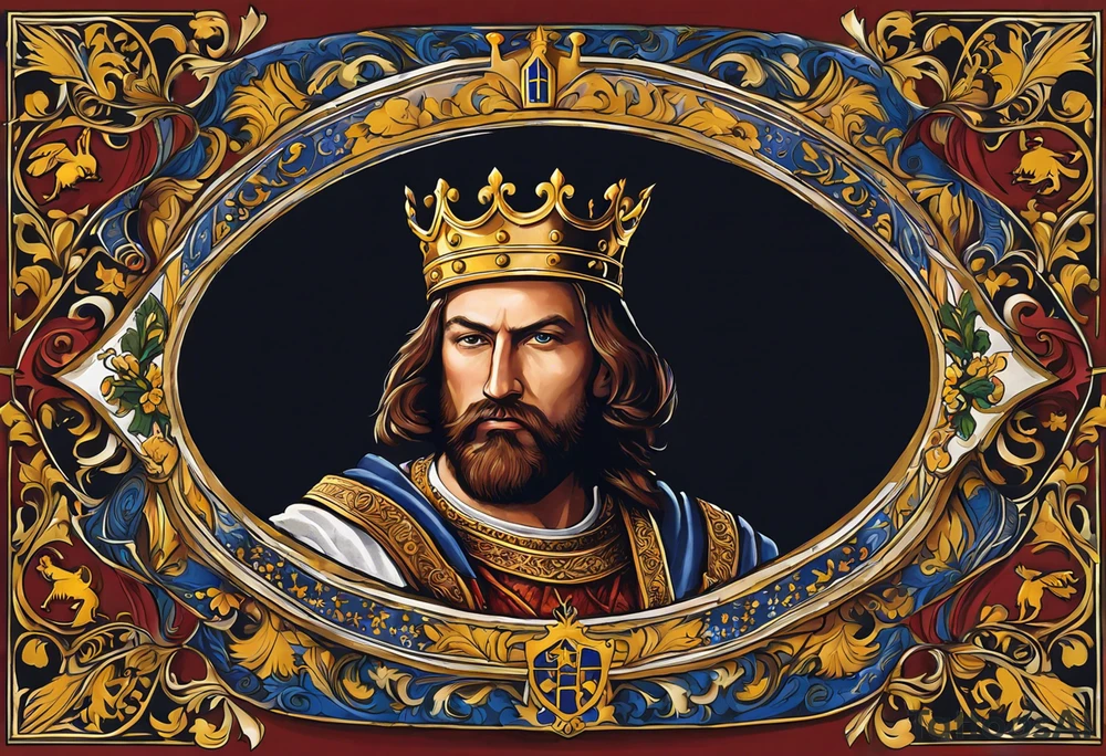 "I want a tattoo that features King Tvrtko I of Bosnia in a realistic medieval portrait. The design should include his crown and scepter, symbolizing his royal status. Surrounding the portrait, incorporate the coat of arms of the Kingdom of Bosnia, featuring the fleur-de-lis pattern. I’d like the background to include medieval architectural elements like castles or fortresses and possibly some natural landscapes that represent Bosnia. Add the text 'King Tvrtko I' in a medieval-style font, along with his reign dates. The overall style should be either black-and-gray. tattoo idea