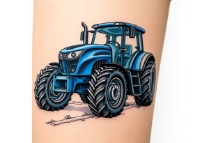 A detailed blue tractor with headlights glowing, standing proudly on a freshly tilled farm field. tattoo idea