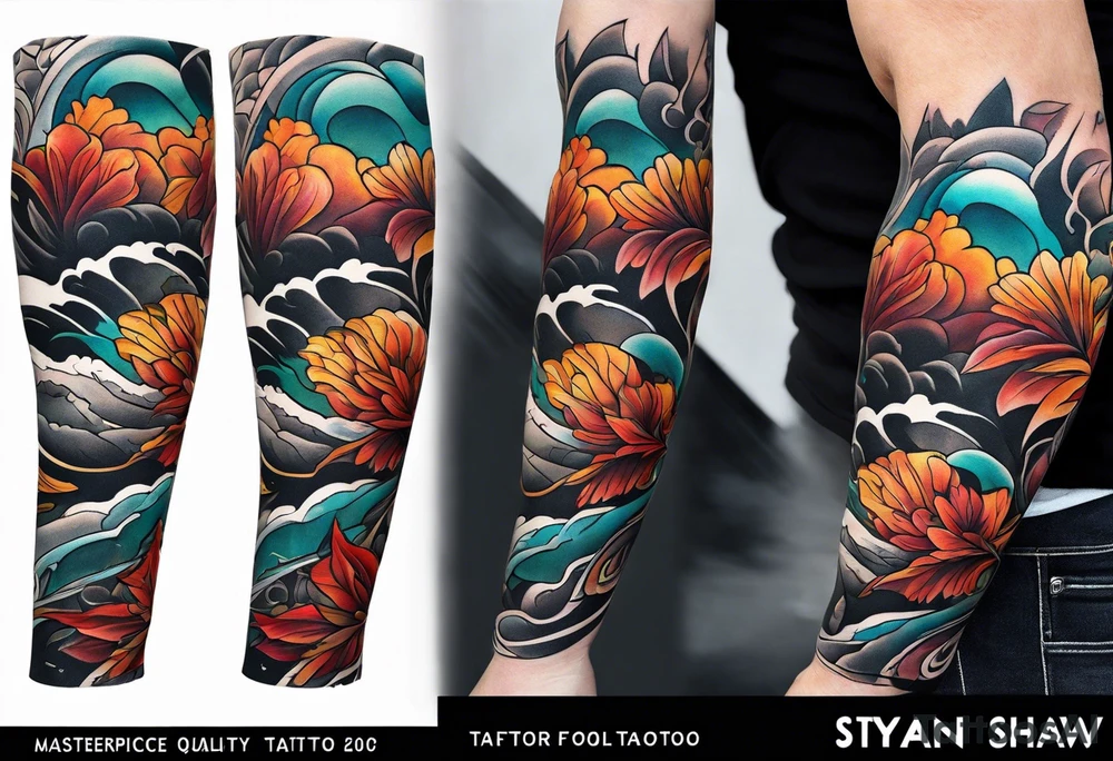 Arm Sleeve Tattoo with fall colors flat tattoo idea
