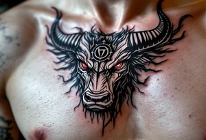 Abstract looking angry taurus lower chest tattoo with red eyes, taurus symbol in between eyes, tattoo idea