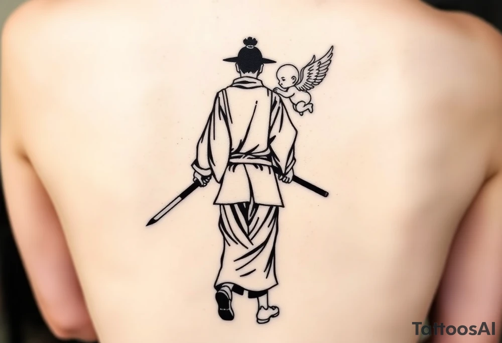 "Blackwork tattoo sketch of a lone samurai walking forward, shown in dramatic silhouette style. The samurai wears traditional kimono and hakama, holding a katana in one hand with the blade pointing downward. Behind him floats a small child angel with detailed feathered wings, gently touching the samurai’s back with one hand, as if stopping or guiding him. Strong contrast, dynamic ink splatter, rough brush strokes, Japanese sumi-e vibe, emotional and symbolic composition, high detail linework, no background." tattoo idea