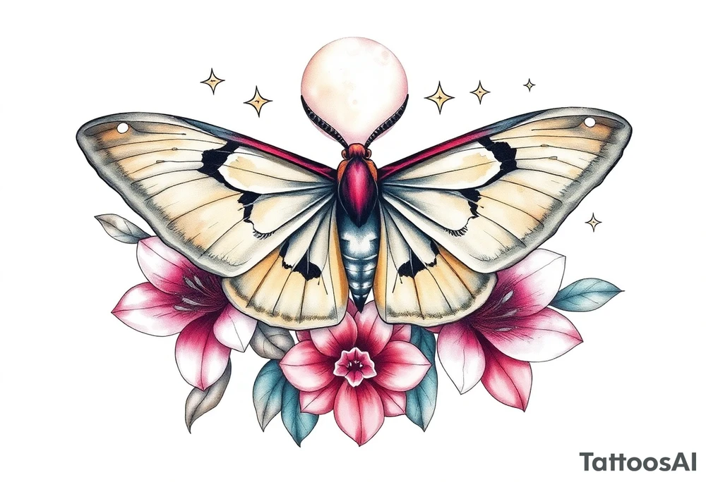 Beautiful Luna moth encompassed by tiger lily flowers and stars tattoo idea