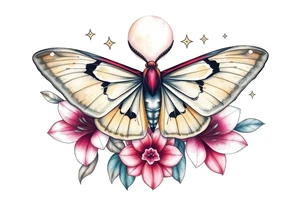 Beautiful Luna moth encompassed by tiger lily flowers and stars tattoo idea