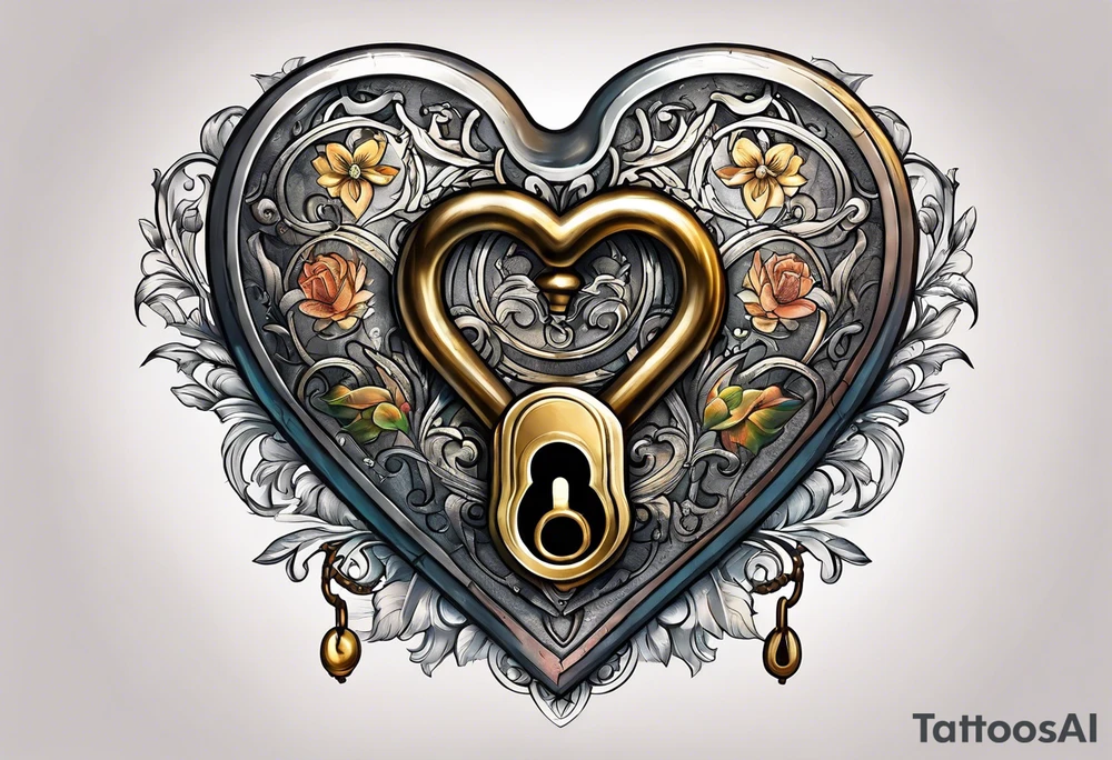 antique heart shaped lock and a key to match it tattoo idea
