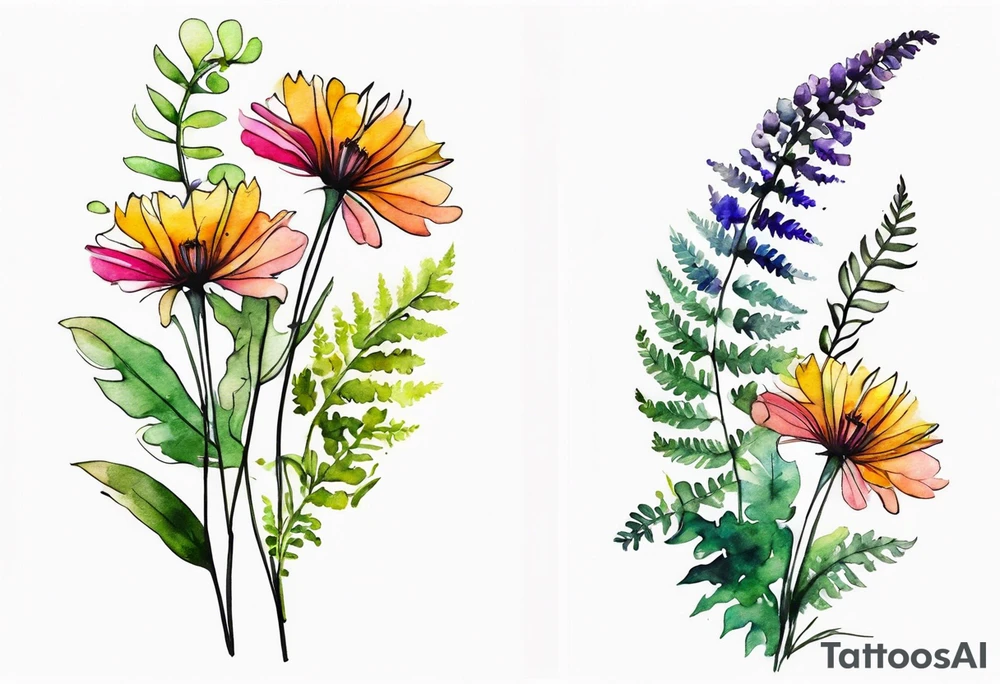 Multi colored wild flowers long stems bouquet with ferns all watercolor tattoo idea