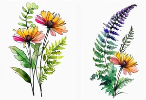 Multi colored wild flowers long stems bouquet with ferns all watercolor tattoo idea