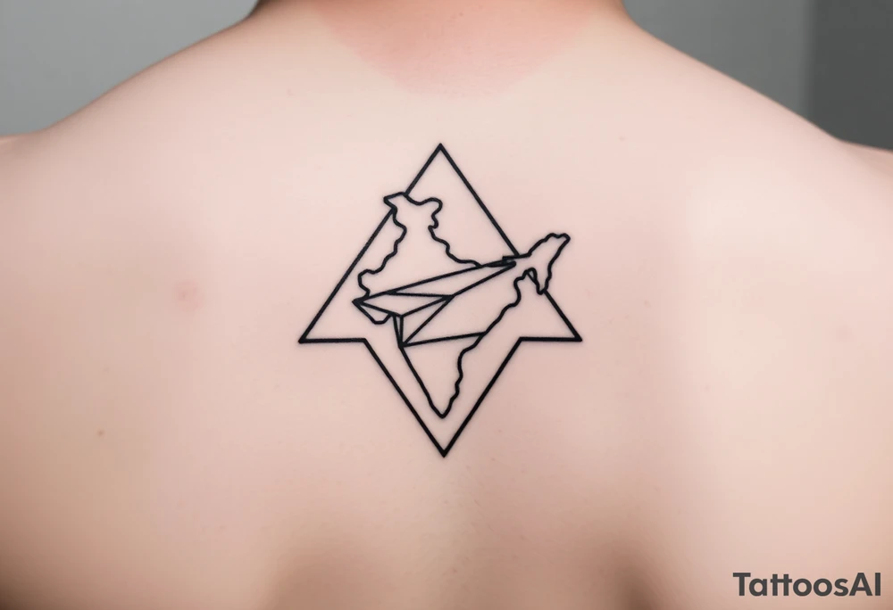 Small geometric triangle with a geometric paper plane in the shape of India with fine thin lines flying to the county of Guyana. tattoo idea