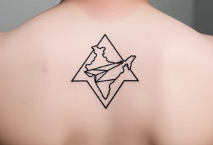 Small geometric triangle with a geometric paper plane in the shape of India with fine thin lines flying to the county of Guyana. tattoo idea