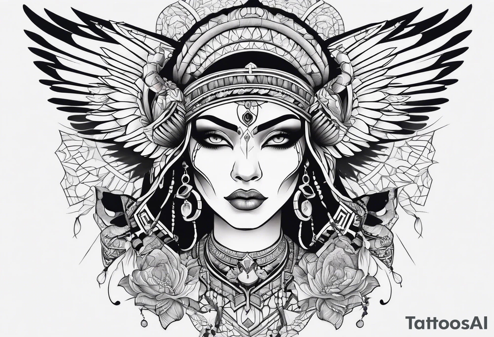 kali, alien goddess, valkrye, pirate, zenza resonance, pachamama, lotus azul, blank panther, eagle, skull, 5D, nueva gaya, dna 12 tattoo idea