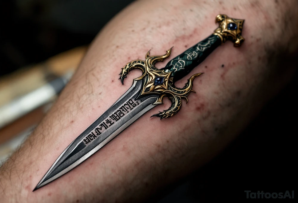 A ceremonial dagger with a serpent-shaped golden hilt, a dark jade blade etched with ancient runes, and a small sapphire embedded in the pommel, representing wisdom and hidden power. tattoo idea