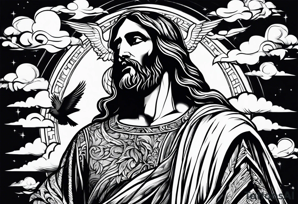 Jesus standing looking down with clouds, sunshine and a dove in the background on the upper arm tattoo idea