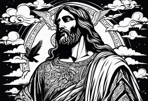 Jesus standing looking down with clouds, sunshine and a dove in the background on the upper arm tattoo idea