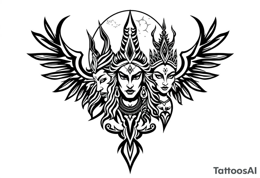 Lord Shiva, Godess Kali, Godess Lilith Together with the moon in the background tattoo idea