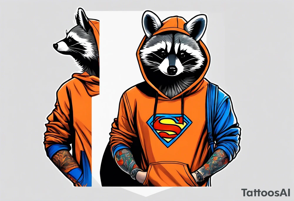Raccoon wearing an orange Superman hoodie tattoo idea