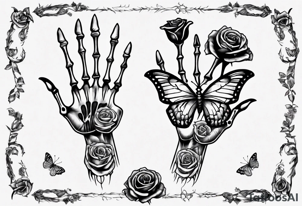 Skeleton hand with roses at the bottom and a butterfly at the top tattoo idea