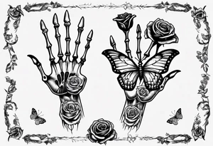 Skeleton hand with roses at the bottom and a butterfly at the top tattoo idea