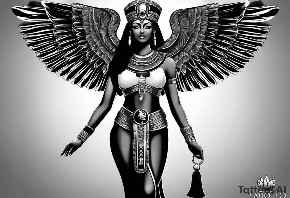 black and white Egyptian goddess Isis, who is often depicted as a woman with outstretched wings, holding an ankh (a symbol of life) in one hand and a lotus flower in the other. Her headdress often includes a throne or a solar disk. The tattoo design can vary in style and size, but it typically aims to capture the essence of this revered Egyptian deity, emphasizing her beauty, power, and maternal qualities. The choice of colors and additional elements can also be customized to create a unique and visually striking representation of the goddess Isis tattoo idea