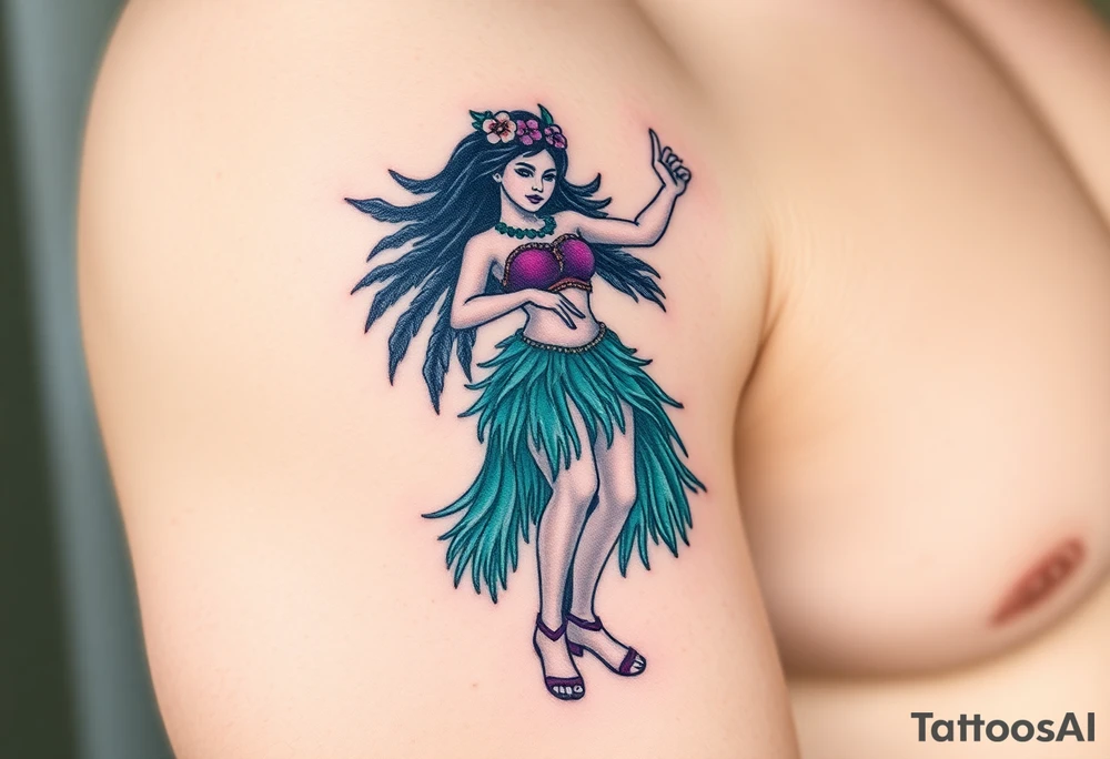 Full body hula girl dancing with a teal grass skirt and a purple top tattoo idea