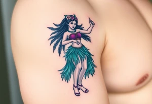 Full body hula girl dancing with a teal grass skirt and a purple top tattoo idea