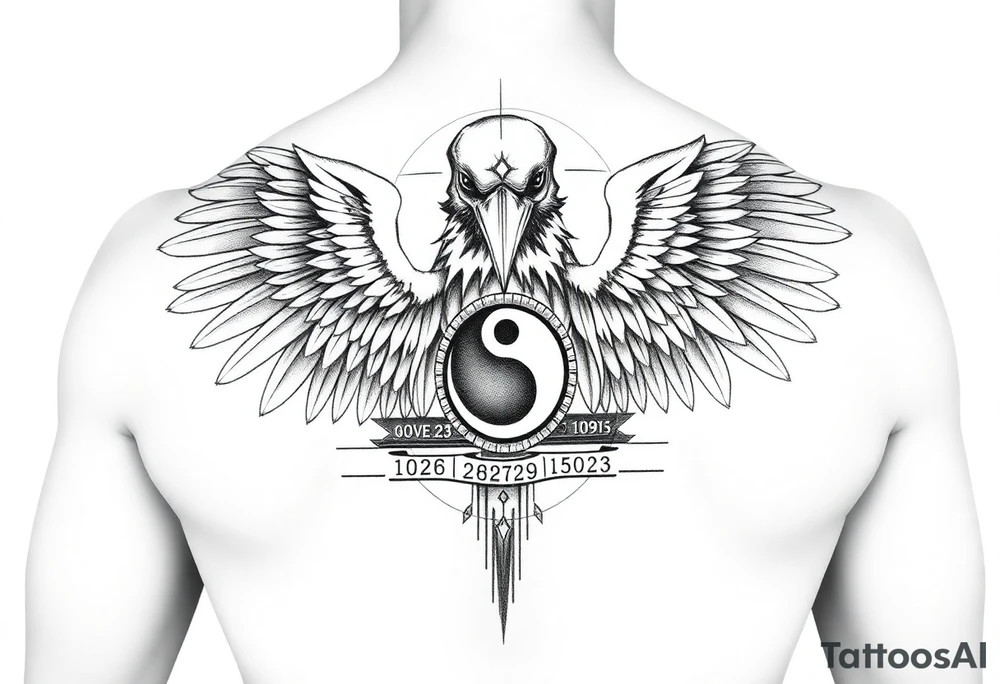 Create a detailed upper back tattoo design featuring a central figure with a crow head facing forward, a human body, and two symmetrical angel wings extending outward. The design should include geometric elements like circles and lines, a yin-yang symbol in the center, and text or numbers resembling coordinates or dates along a horizontal line. Use a grayscale style with intricate shading, ensuring a balanced and bold composition. Avoid side profiles for the crow head, keeping it directly forward tattoo idea