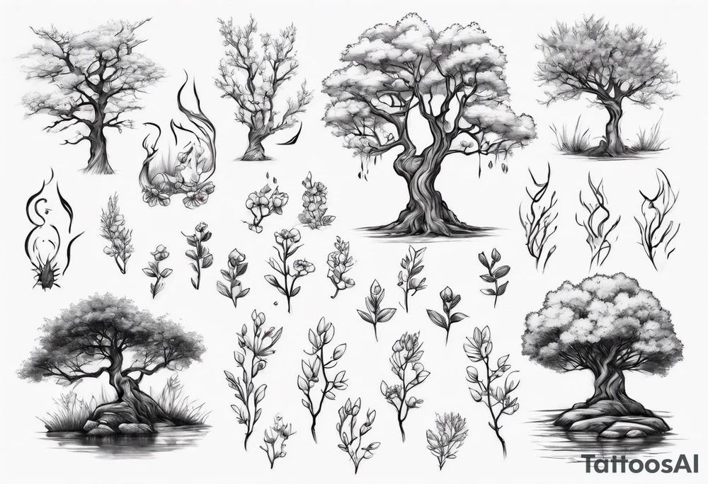 Small spring beside a oka tree tattoo idea